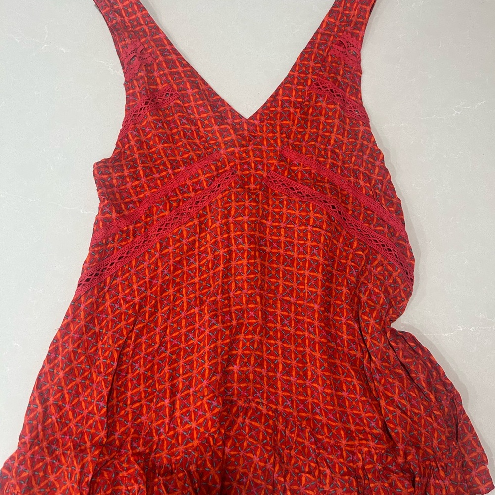 Free People Red Patterned V-Neck Maxi Dress